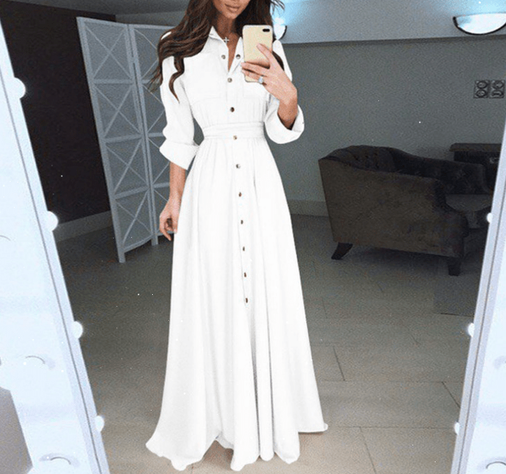 S / White 5 colors 8 yards ladies party slim dresses female long-sleeved button dress lace up long dress for women