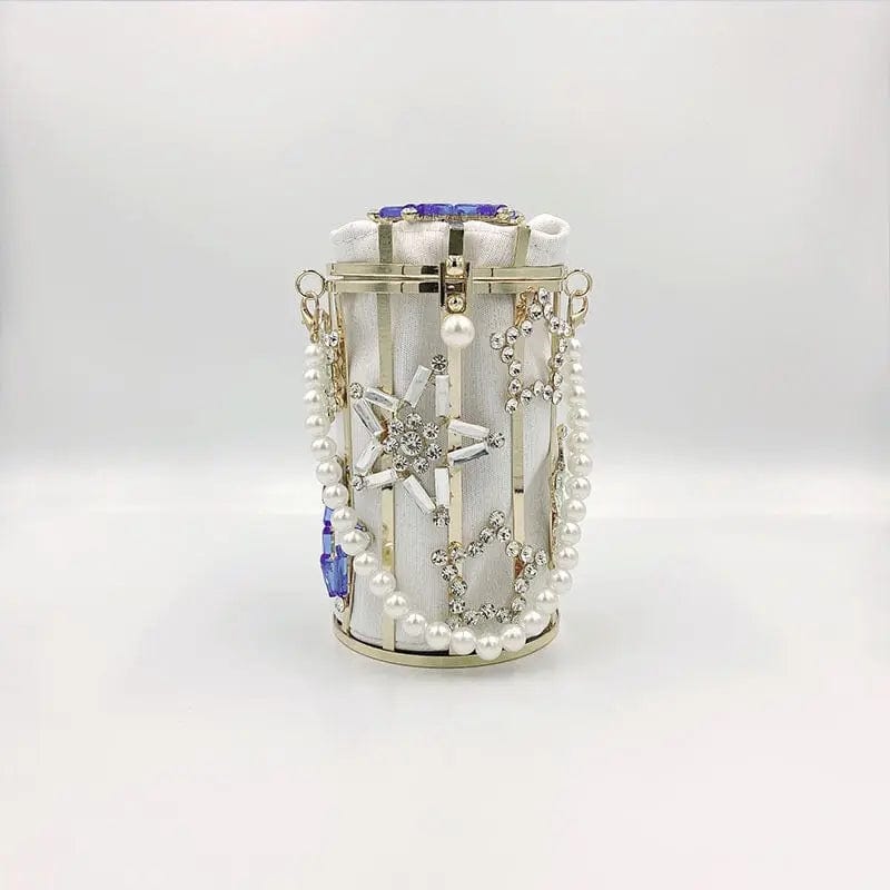 S / White Crystal Rhinestones Star Evening Clutch Bag Luxury Round Pearl Hollow Out Purse Mini Bucket Cage Handbags Diamond Dinner Purse