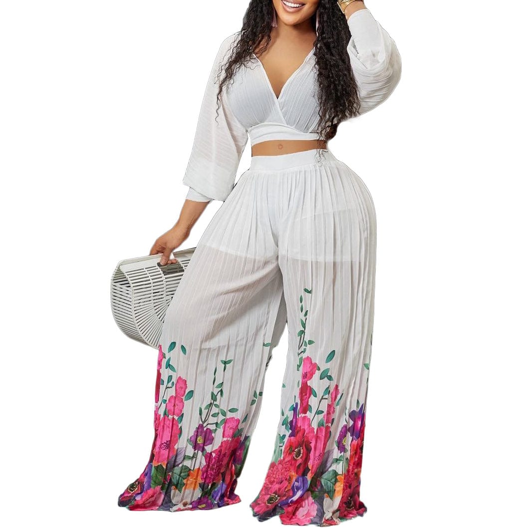 S / White D273 2023 New Arrivals Floral Printed Pleated Pants Set Women Sexy V Neck Blouse And Wide Leg Pants Vacation Outfits