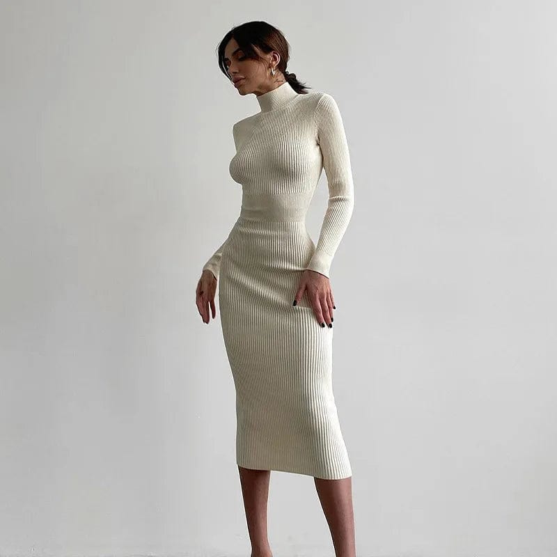 S / White Fall New Arrival Bodycon Knit Sweater Dress Long Sleeve Straight Pencil Women Outfit Clothing 2023