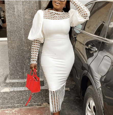 S / White Fall White Patchwork Hollow Out Lantern Sleeve Office Career Women Dresses