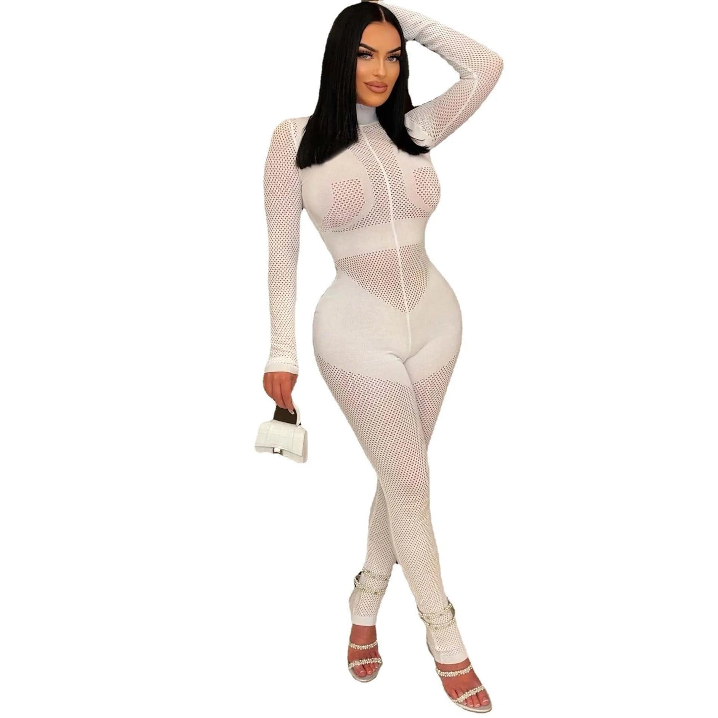 S / White Fall Winter Clothing 2023 New Arrivals Women Birthday Jumpsuit Tight Fitting See Through Sexy Long Sleeve Knit Sweater Jumpsuit