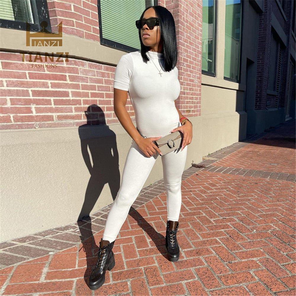 S / White Fashion Short Sleeve Bodycon Women One Piece Jumpsuits