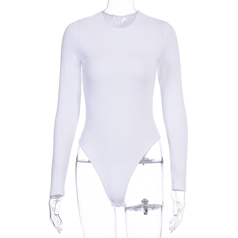 S / White High Quality Long Sleeved Woman Bodysuits Solid Color Custom Bodysuit Tops Polyester O Neck Bodysuits For Women