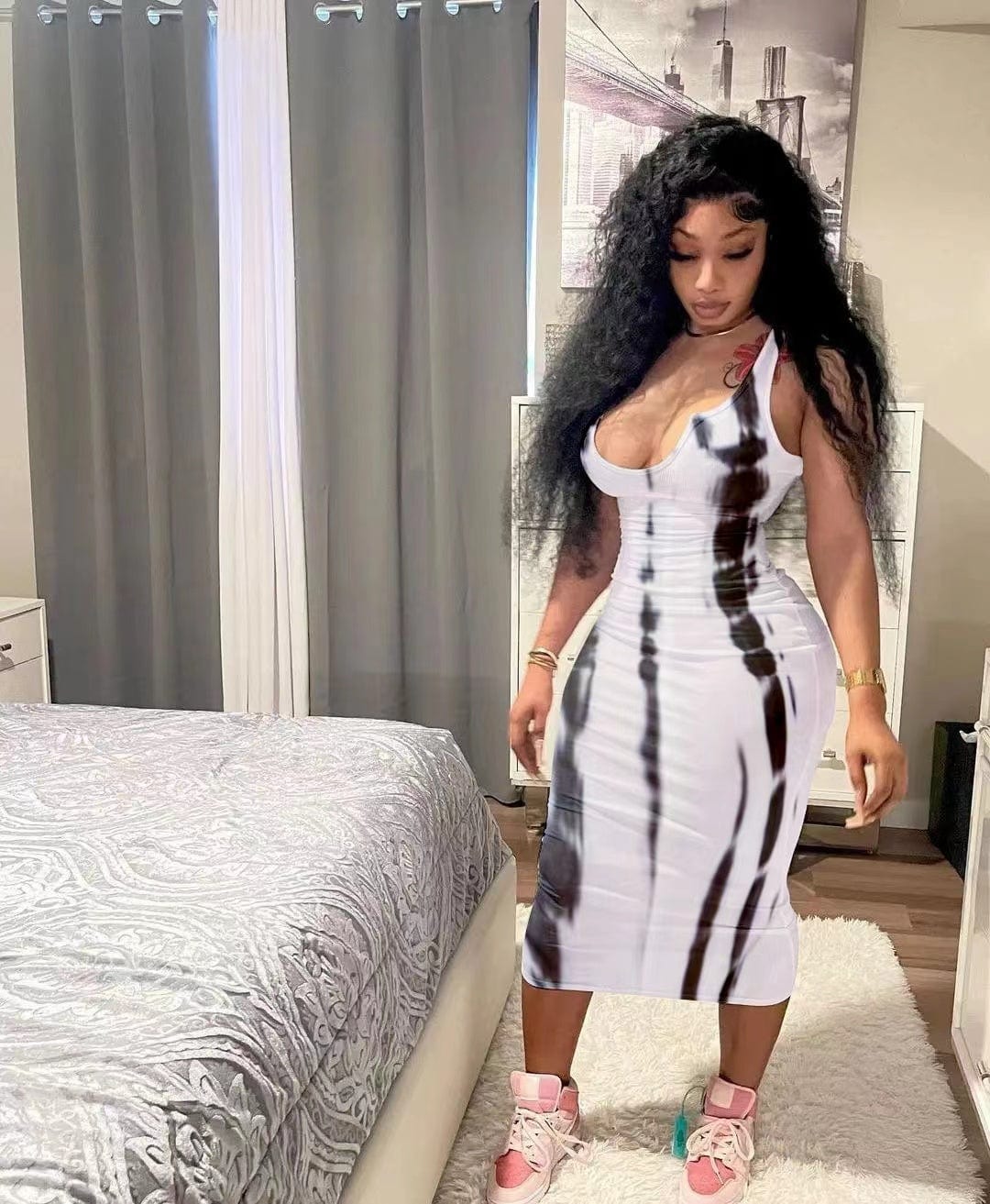 S / White J&H 2023 new arrivals ribbed tie dye dress tank top bodycon summer dress sundress women fashion casual dress