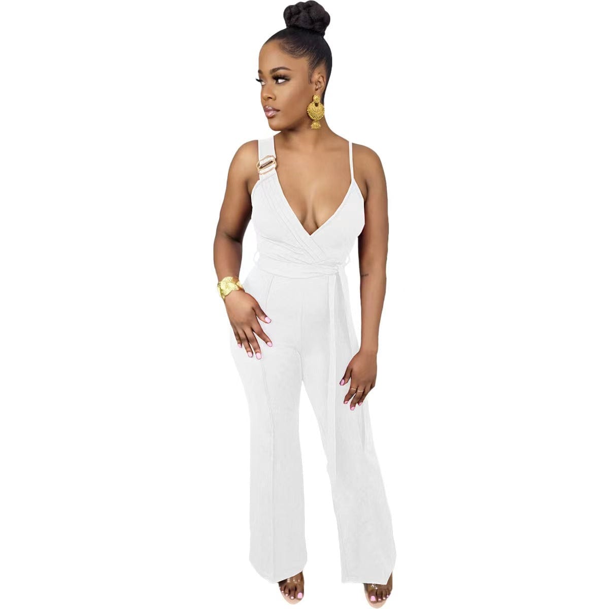 S / White J&H 2023 new arrivals sexy deep v neck wide leg jumpsuits women sleeveless elegance summer outfits