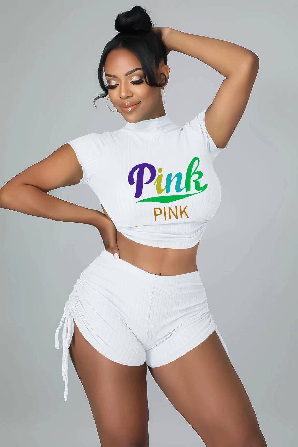 S / White J&H 2023 new arrivals summer sexy solid color letter printed Crop top 2 piece high waist shorts set slim fit workout clothes