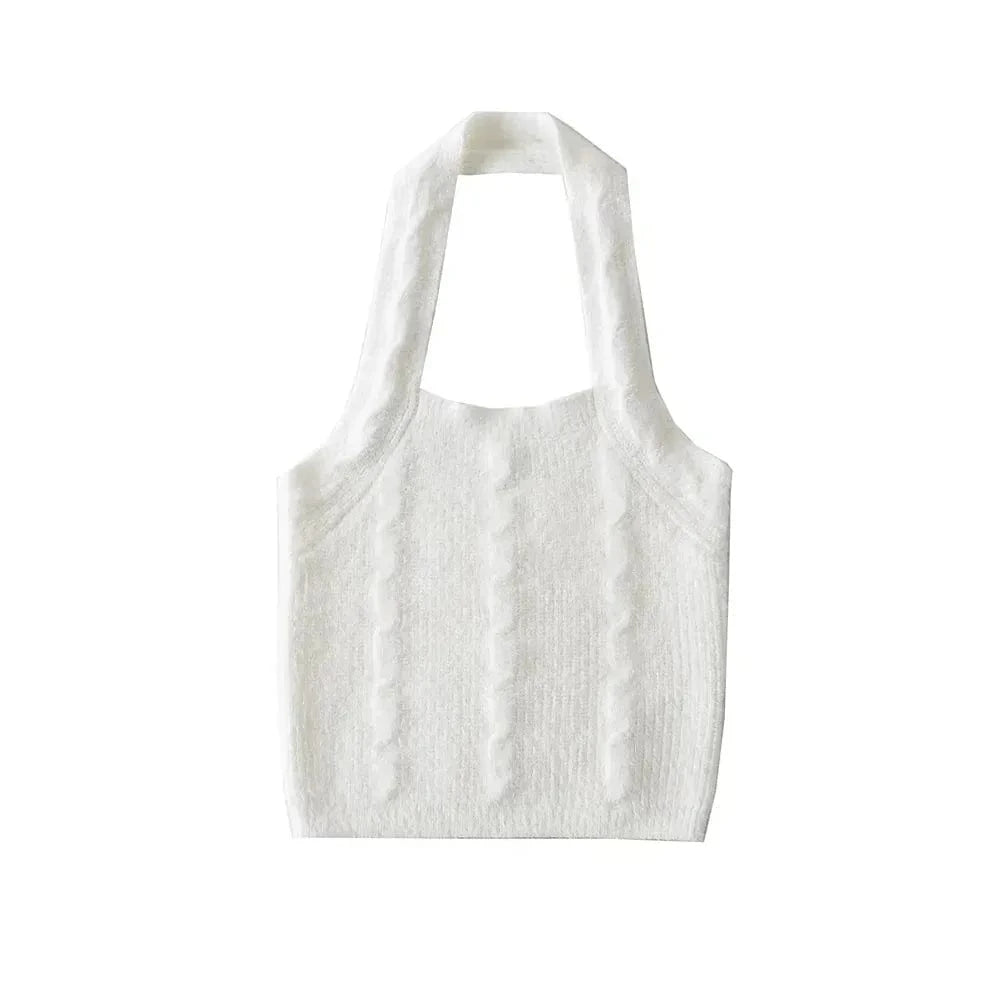 S / White Luluxixiyaya Summer Plush Halter Tank Twist Cute Crop Top Women with Candy Color Y2K Knitted