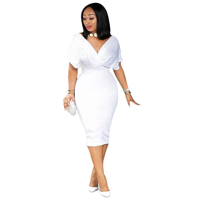 S / White MYP8825 elegant pearl new solid color tube top V neck half sleeve back zipper bubble bead fashion dress