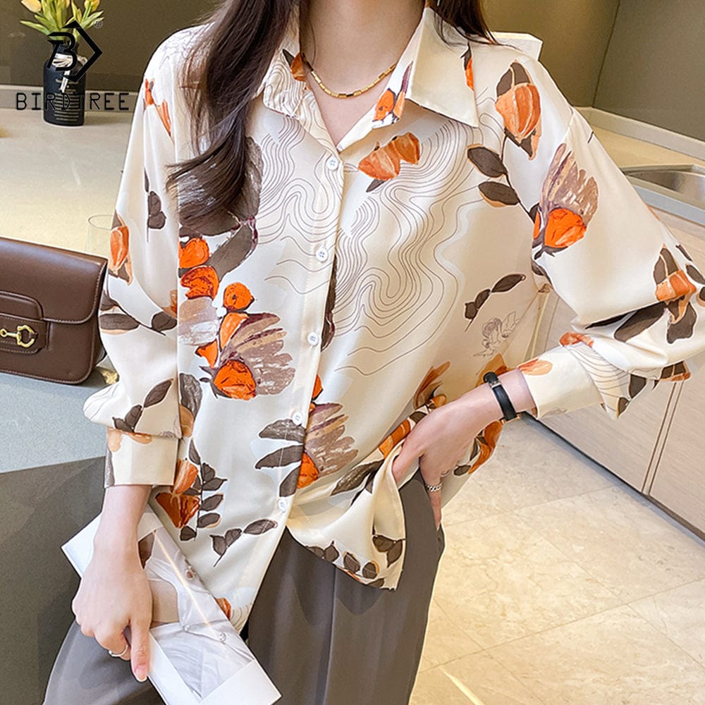 S / White Real Shot Ready to Ship Printed Long Sleeves Chiffon Shirts Women's 2022 Autumn New Blouses and Shirt Tops T28009X