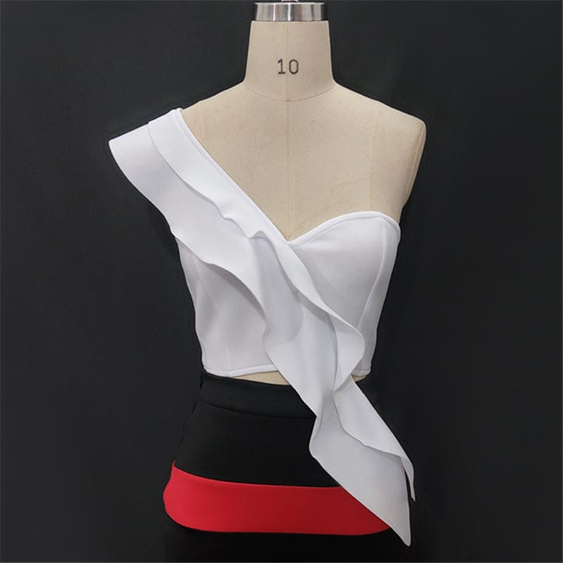 S / White Sexy Ruffle White One Shoulder Patchwork Backless Club Women Crop Tops