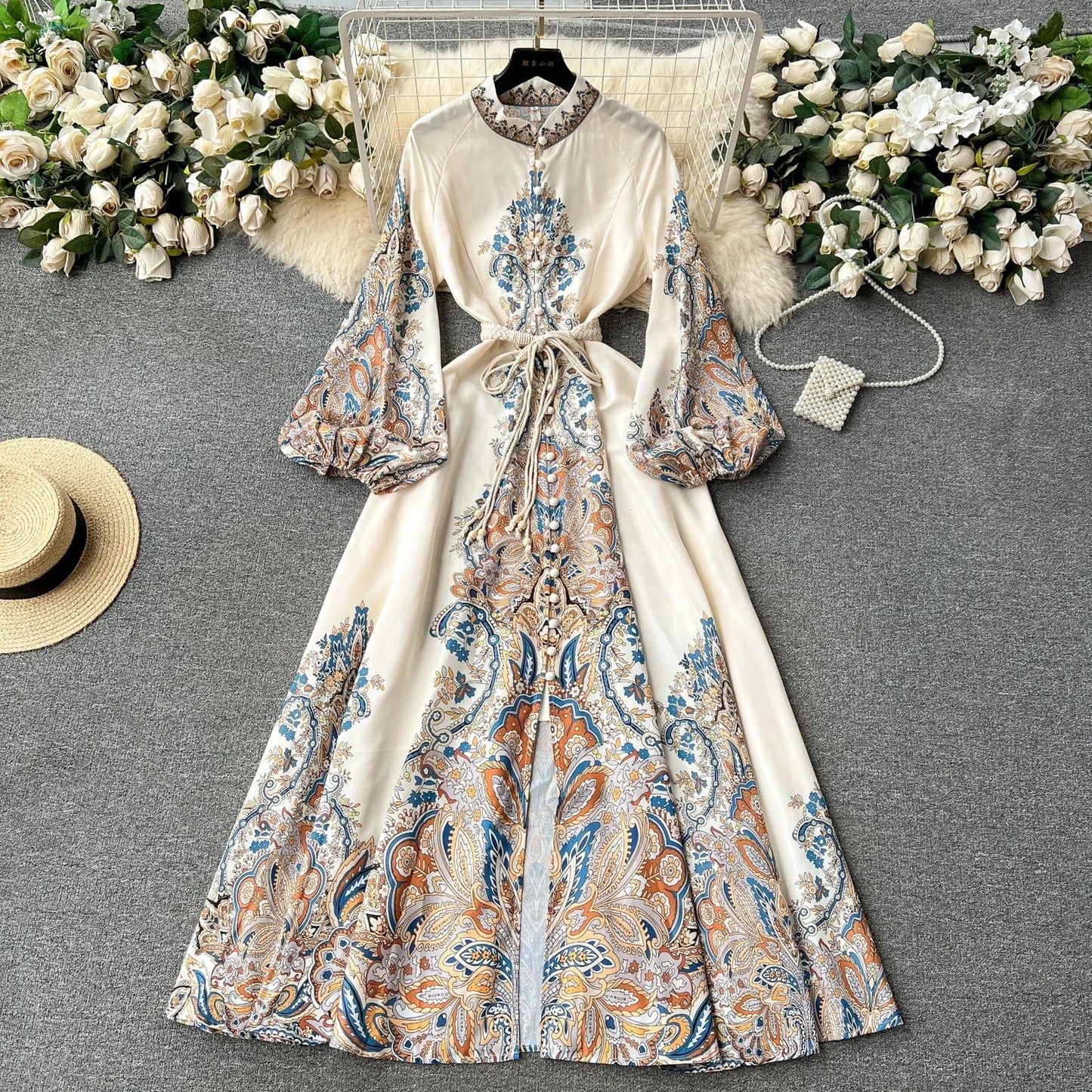 S / White Spring Full Sleeve Stand Collar Print Casual Dress Women High Waist Lantern Sleeve Midi A-line Dress Ladies Elegant Dresses