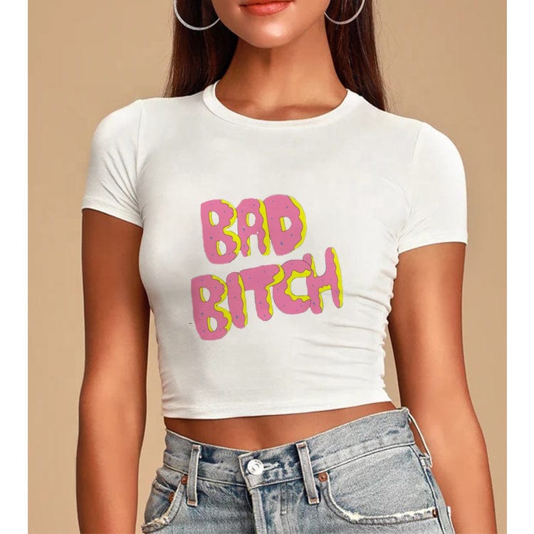 S / White-T09-552736 High Quality Round Collar Customized Printed Crop Top Lady 100% Polyester Women Cropped T-shirt