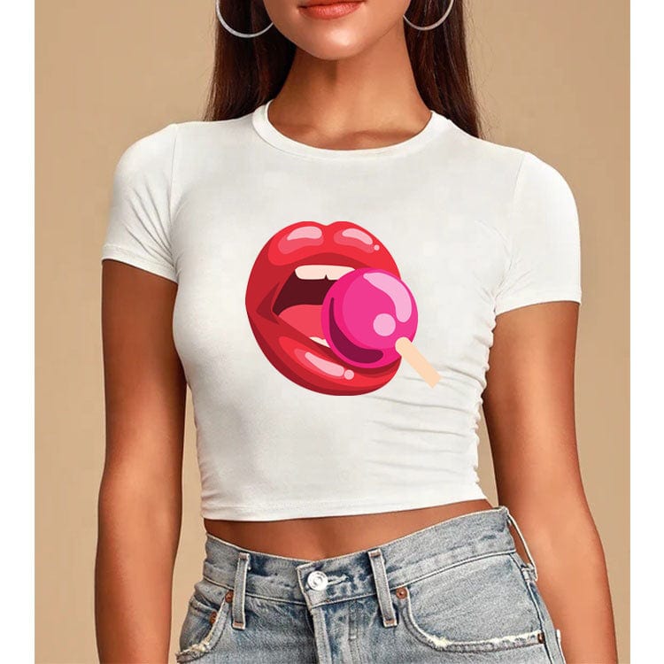 S / White-T09-65725243 High Quality Round Collar Customized Printed Crop Top Lady 100% Polyester Women Cropped T-shirt