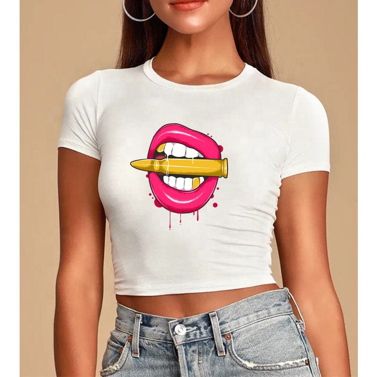 S / White-T09-74095870 High Quality Round Collar Customized Printed Crop Top Lady 100% Polyester Women Cropped T-shirt