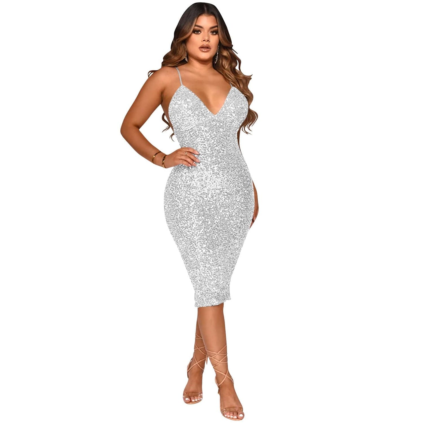 S / White Womens Dresses 2022 Elegant Backless Sexy Sequined Sling Club Midi Dress Lady Low Cut Bodycon Shinny Solid Color Dresses