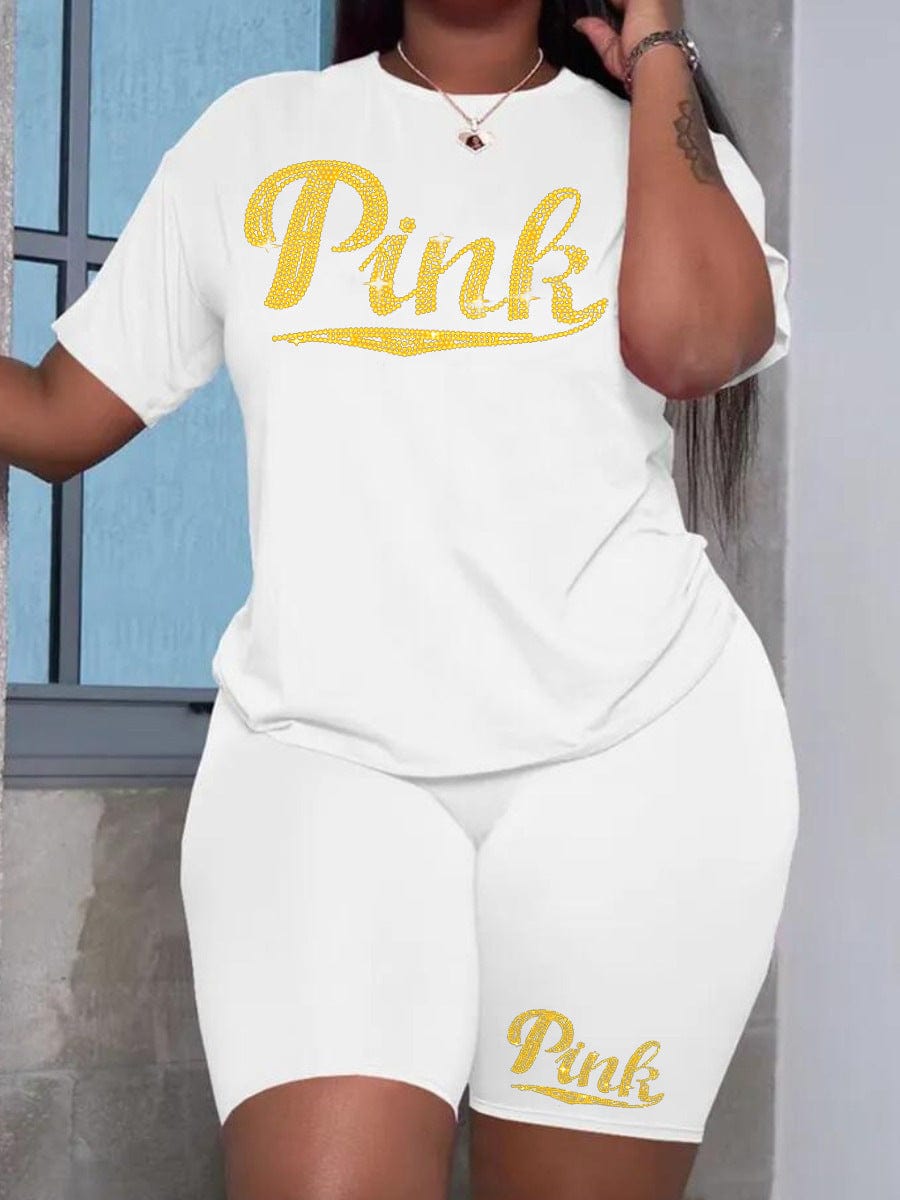 S / White Z106463 Summer women's Plus Size two piece Casual crystal decoration t-shirts shorts two piece set