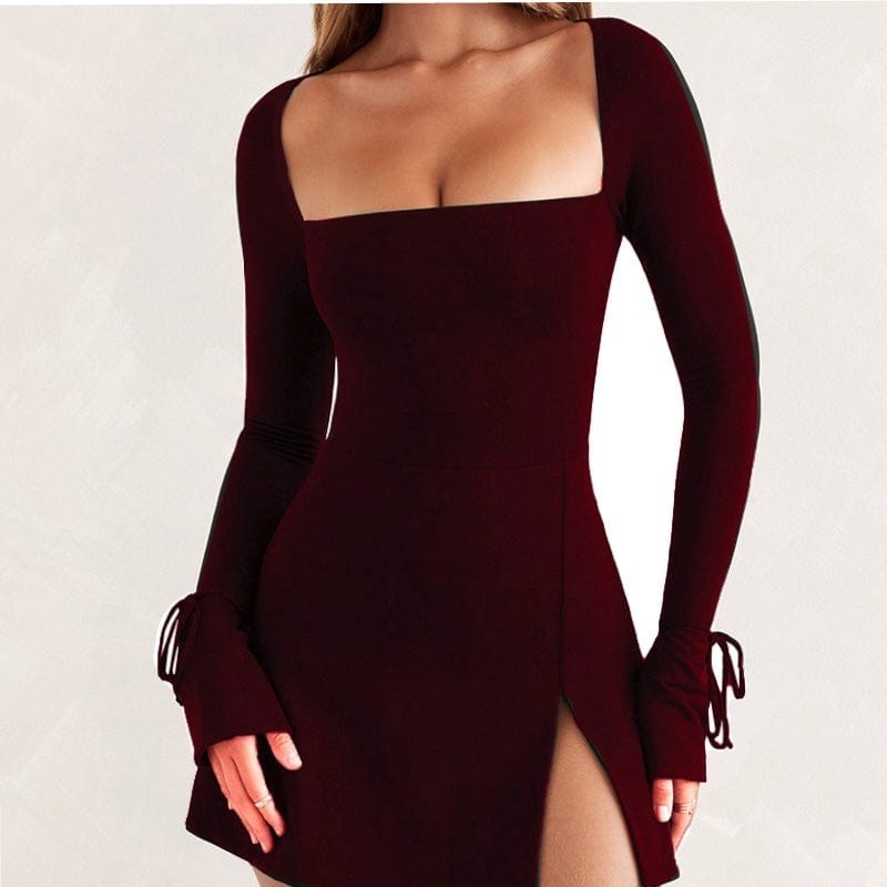 S / wine Bomblook Q22DS564 Autumn 2022 Women Fashion Square Neck Casual Evening Dresses Mini Long sleeved Bodycon Ladies Dress