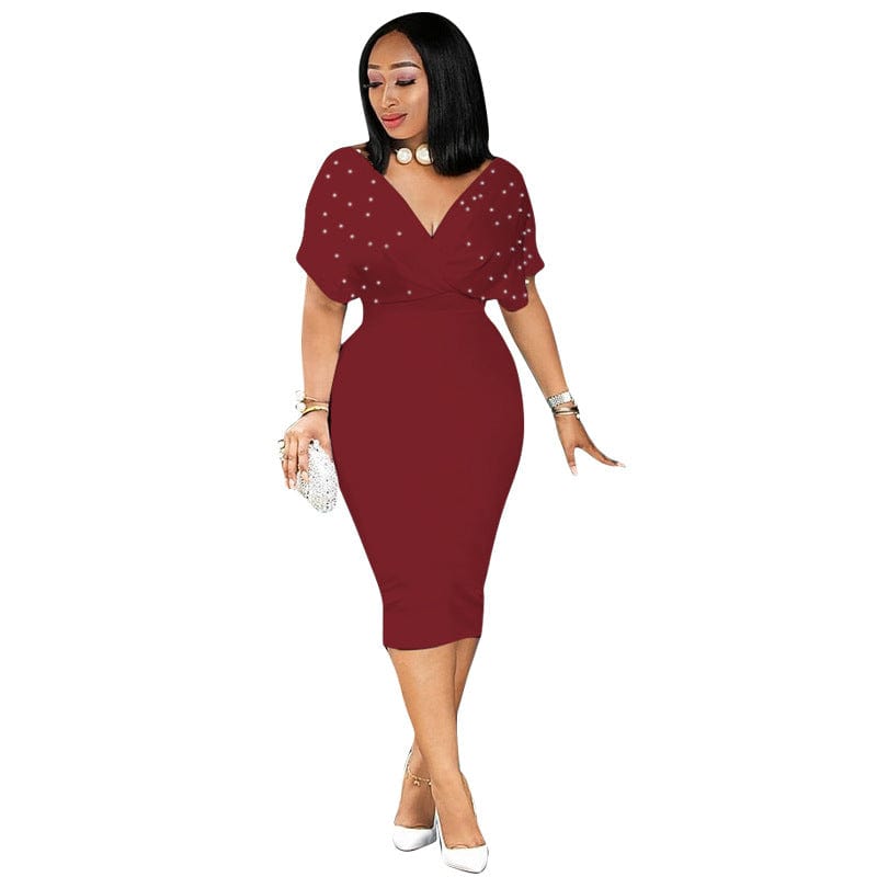 S / wine red MYP8825 elegant pearl new solid color tube top V neck half sleeve back zipper bubble bead fashion dress