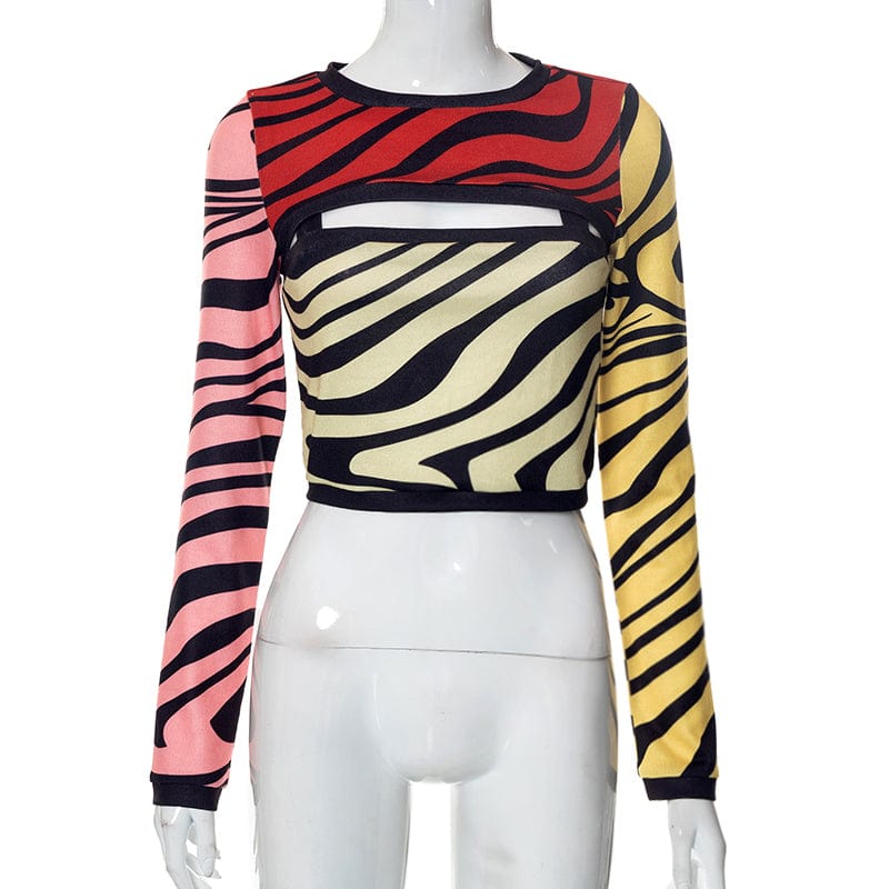 S / X22TP572 Multi-Color Cutenova X22TP572 Fall Loungewear Streetwear Zebra Hollow Out Sweater Fashion Crop Top Women