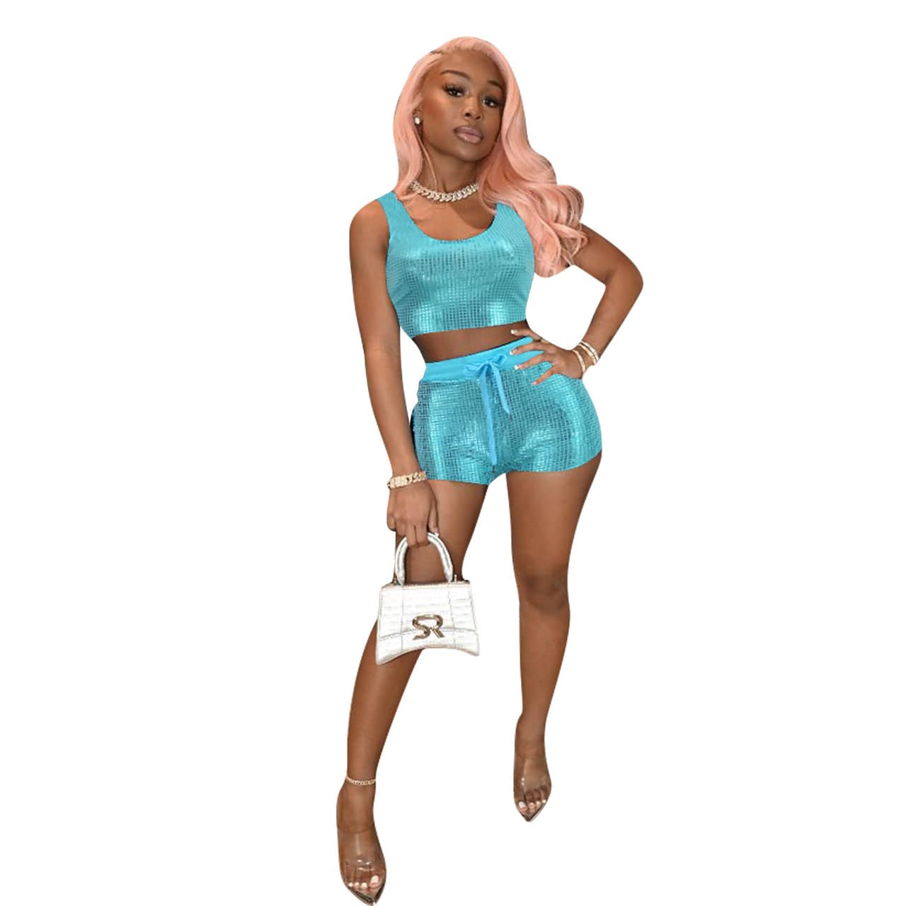 S-XL New arrivals casual glittering strap vest woman set drawstring summer outfits crop top women short pants two piece