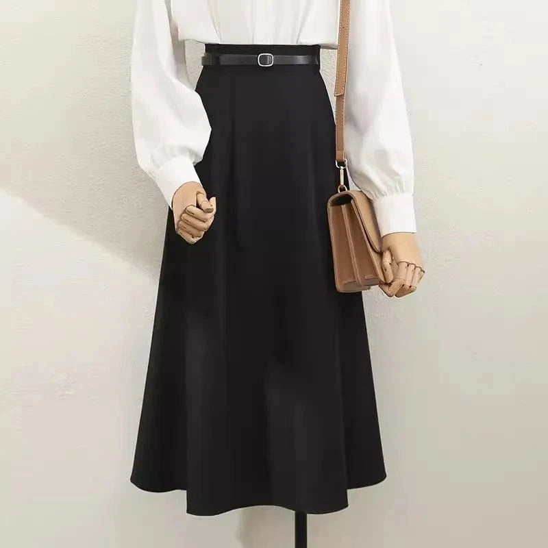S-XL Professional commuting high waisted mid length skirt Women's temperament A-line large swing skirt