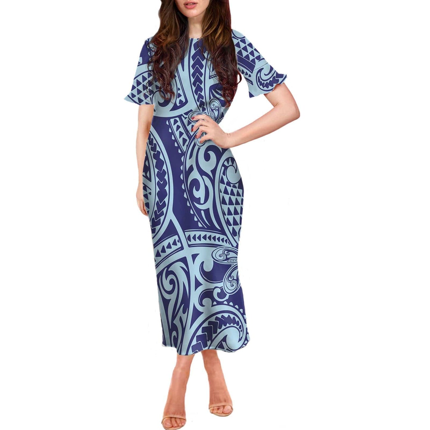 S / XMGW3817D90 Stretchy Women Sexy Dresses Samoan Polynesian Print Summer Customize Dresses Ruffle Short Sleeve Casual Long Womens Party Dress