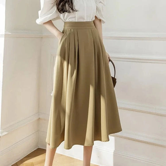 S-XXL Korean French A-line Umbrella Skirt Halflength Mid length Over Knee Pocket Folded Large Swing Skirt