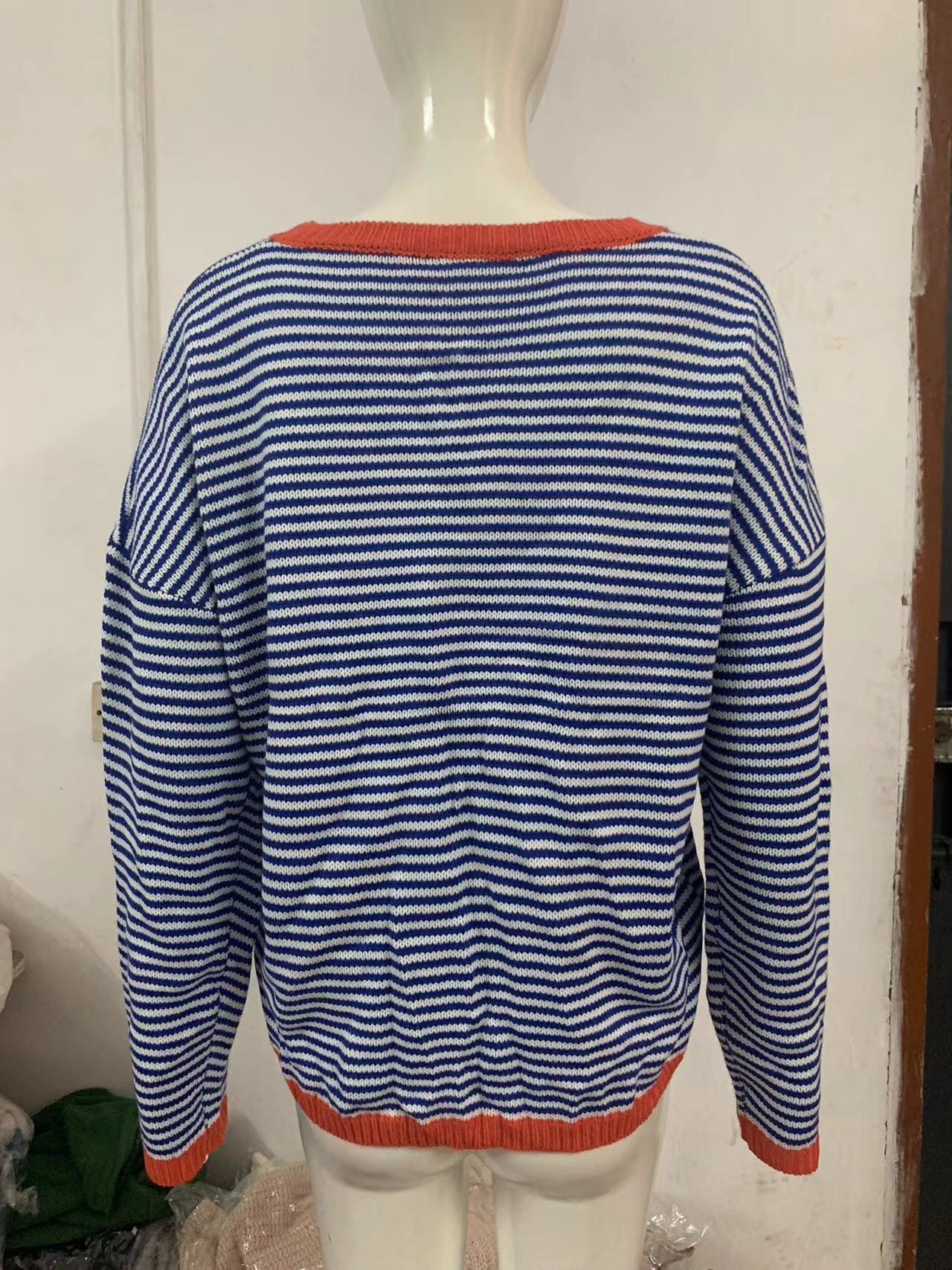 S-XXL New Knitted Round Neck Sweater Casual Fashion Stripe Contrast Design Shoulder Drop Long Sleeve Top