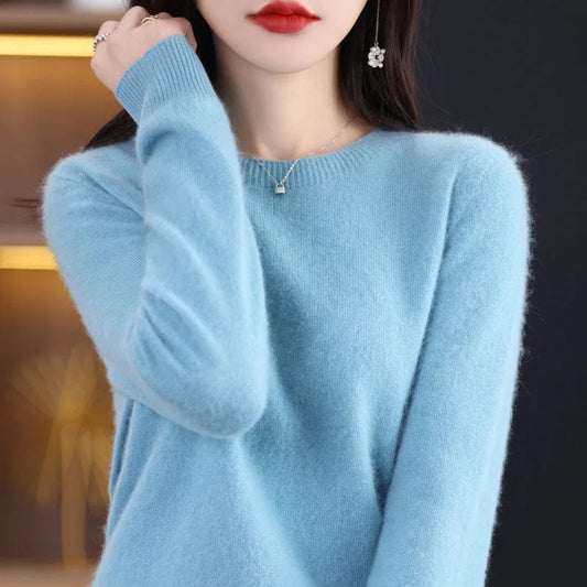 S-XXL round neck 100%-cashmare Knit Women's V neck Pullover Loose Bottom Sweater Autumn/Winter New Solid Color Sweater