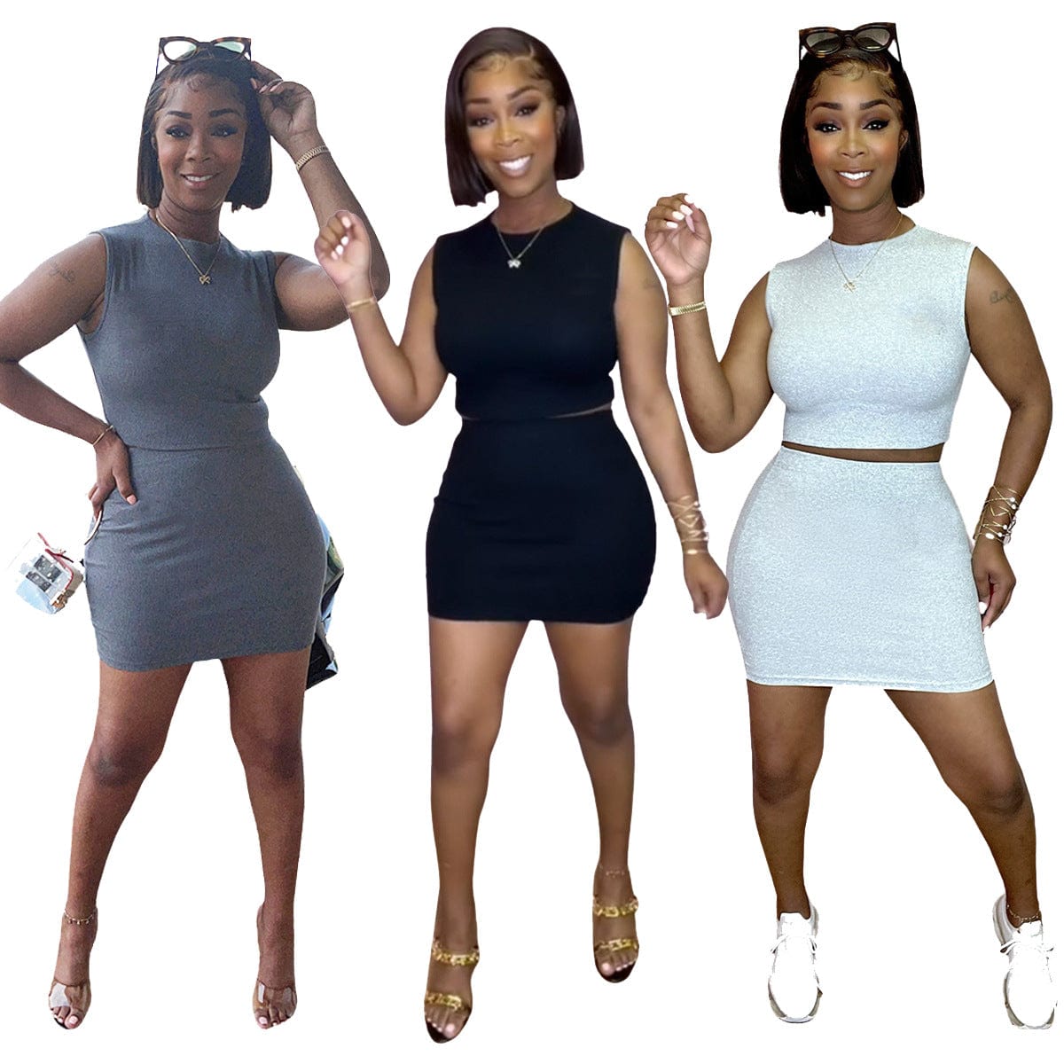 S-XXL Solid color atmosphere contracted movement sleeveless skirt temperament match short pants two piece for women
