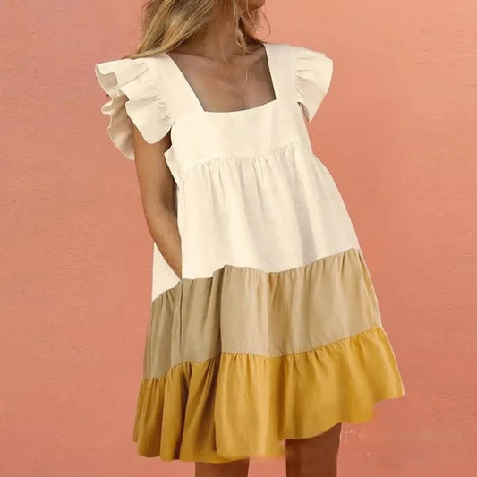 S-XXL Summer New Dress Fragmented print color blocking square neck ruffle edge sleeve solid color large hem dress