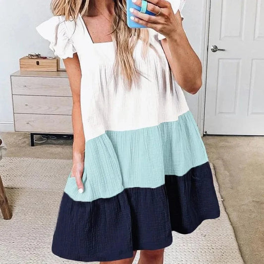 S-XXL Women's New Dress Double layered color blocking square neckline medium length swing skirt