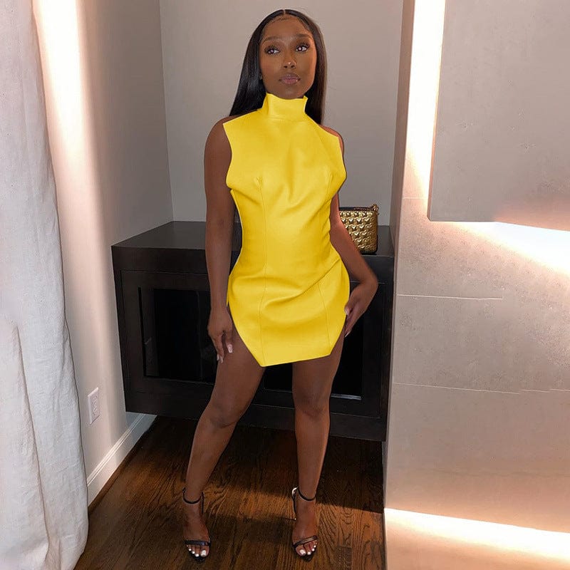 S / Yellow 2022 New Spring Women Mini Dress Sexy Split Ladies Sleeveless PU Leather Dress
