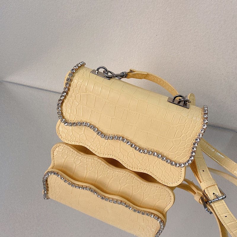 S / Yellow 2022 Spring Summer New Arrival Women WAVY RUFFLED SASSY HANDBAG CROCODILE PURSE WITH RHINESTONE EDGE