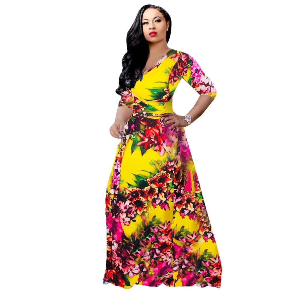 S / Yellow Amazon Hot Sale Casual Deep V-neck Print Flower Maxi Dress Plus Size Long Sleeve Prom Fashion Dress