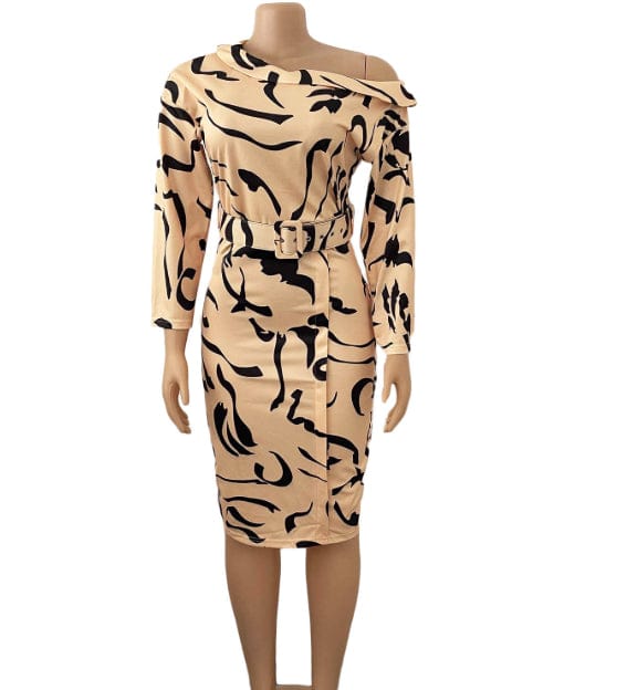 S / Yellow Autumn Elegant Vestidos Waist Belt Printing Career Office Dress Lady