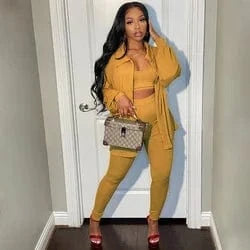 S / Yellow Clothing High Quality Women Fall Knit Set Tank Top Jacket and Pants Solid Rib 3 Piece Set Women