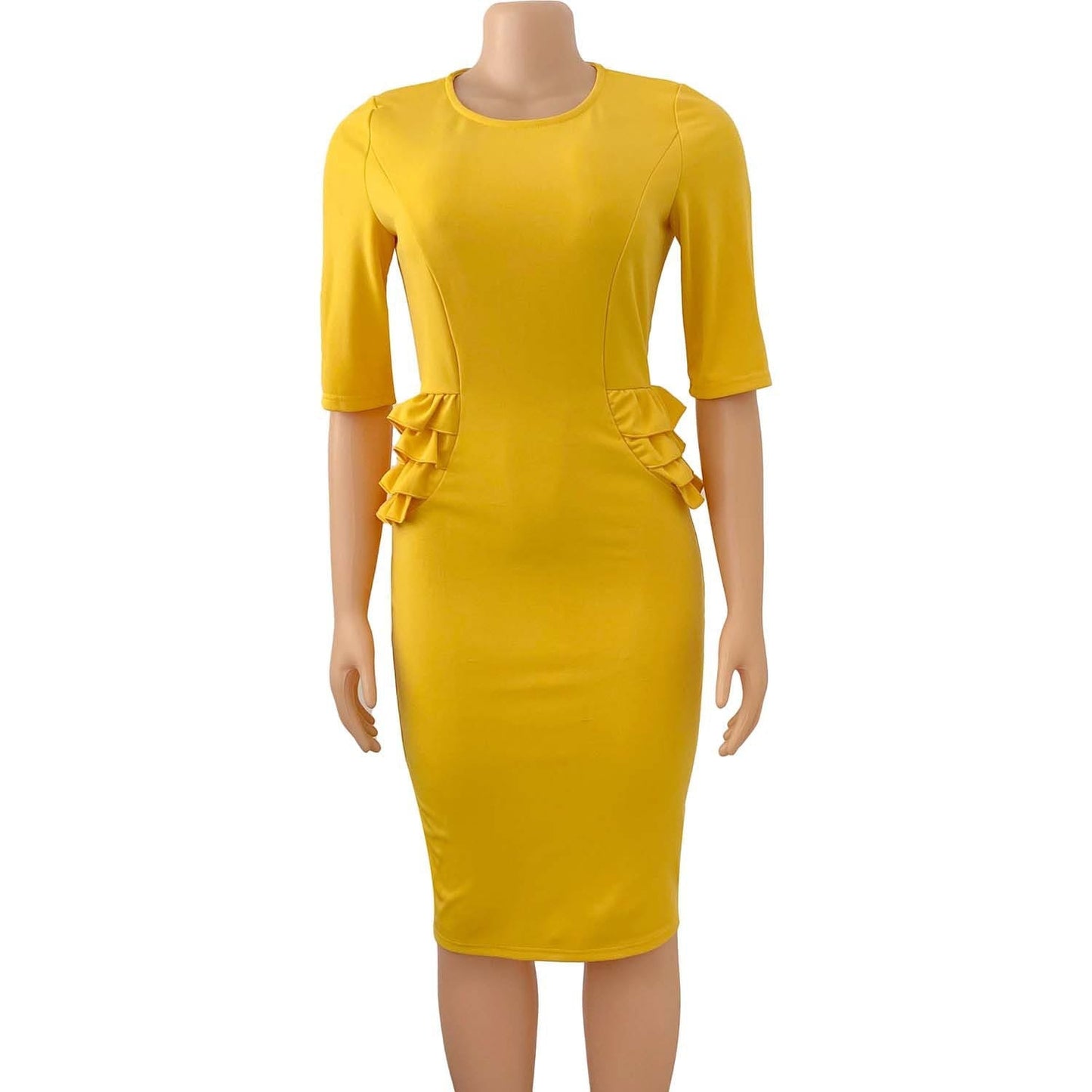 S / Yellow Elegant O Neck Bodycon Half Sleeves Ruffles Casual Office Ladies Dress
