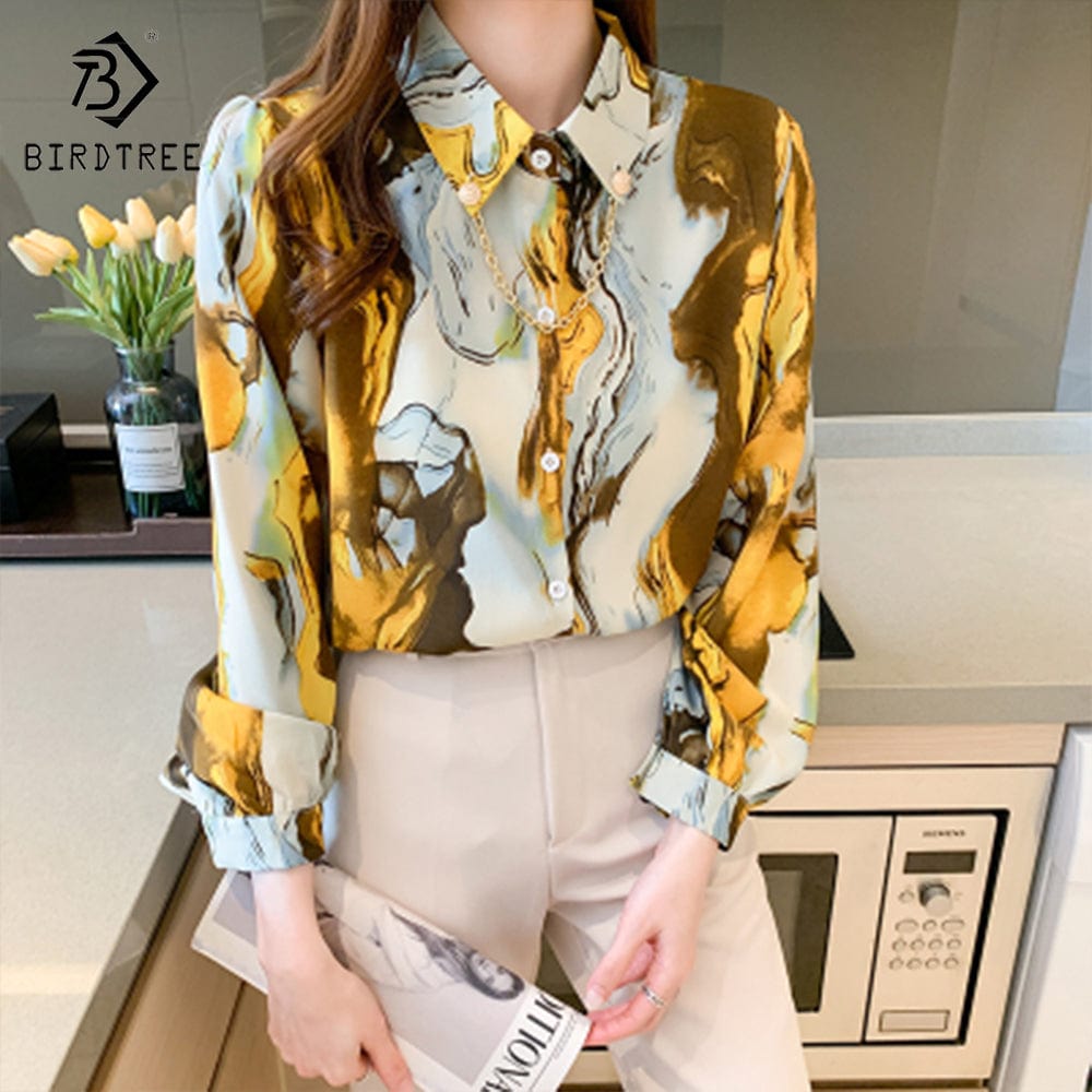 S / Yellow Fashion Ladies Long Lantern Sleeve Printed Shirts Elegant Casual Loose Blouses OL Chiffon Shirt Tops For Spring Autumn
