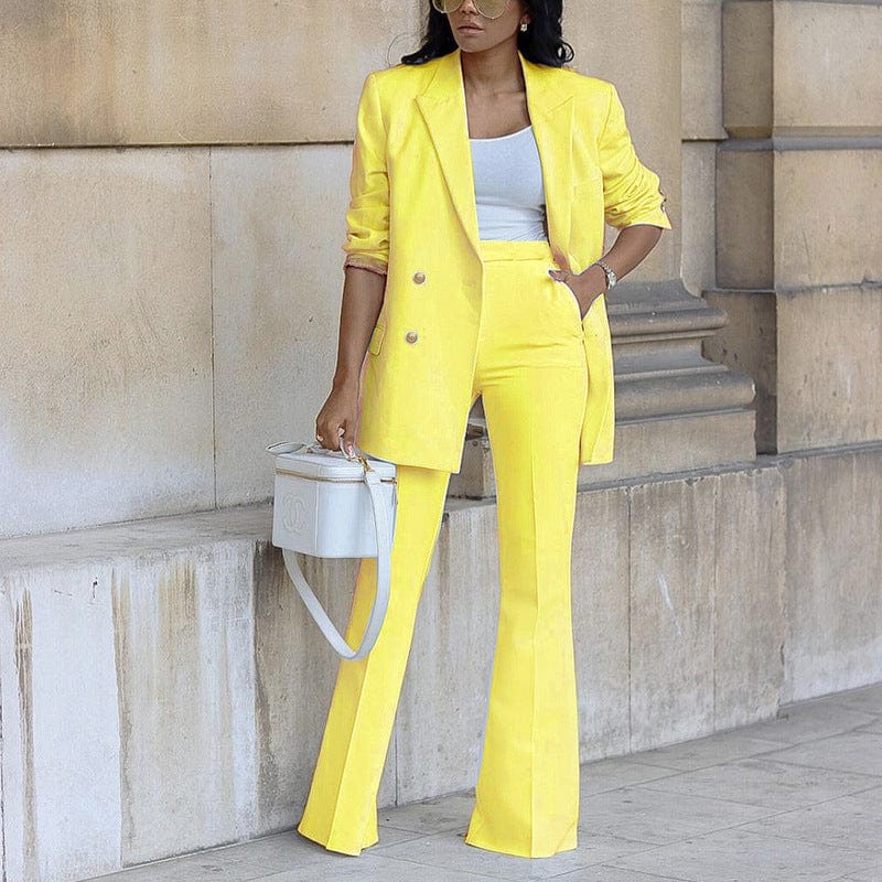S / Yellow Hot Ladies Loose Candy Color Office Lady Formal Two Piece Women's Business Suits & tuxedo Blazer Wide Leg Flared Trousers Sets
