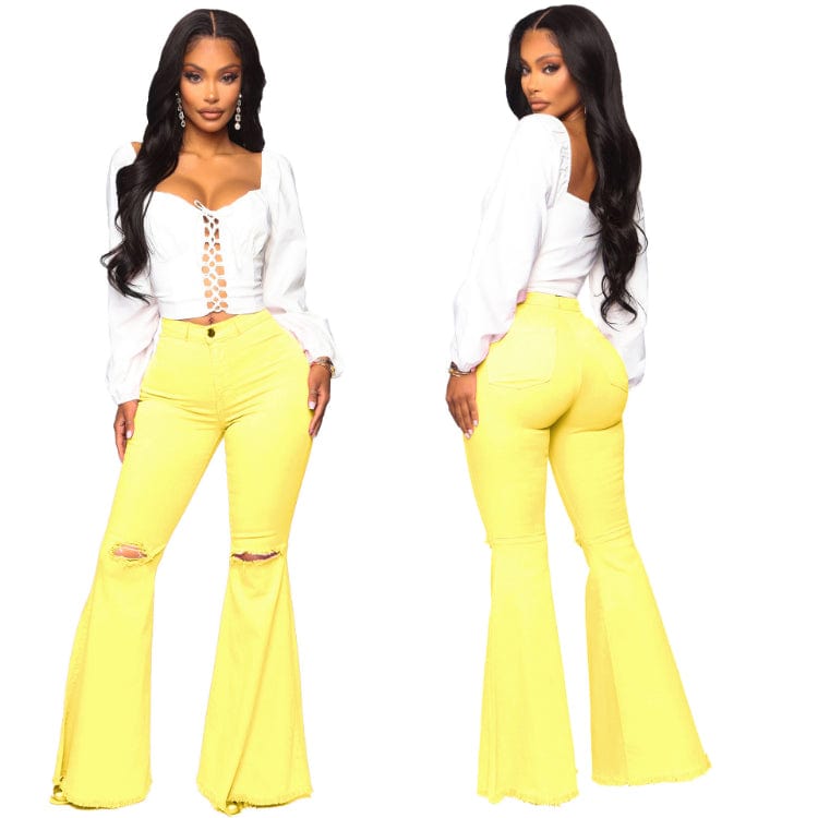 S / Yellow Plus Size Jeans Woman High Waist 2023 New Denim Trousers Water Wash Versatile Women's Denim Flare Pants Lady Bell Bottom Jeans