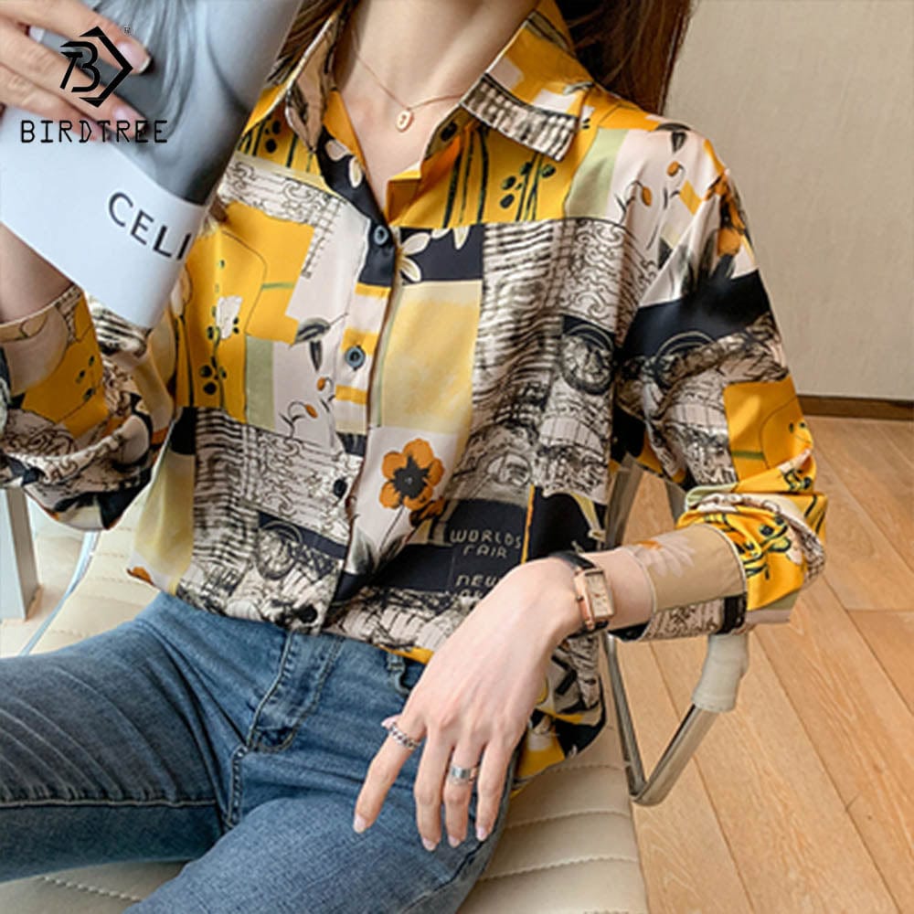 S / Yellow Real Shot Ready to Ship Woman Long Sleeve Shirts Elegant Printing Blouses Office Chiffon Shirt Tops For Spring Autumn