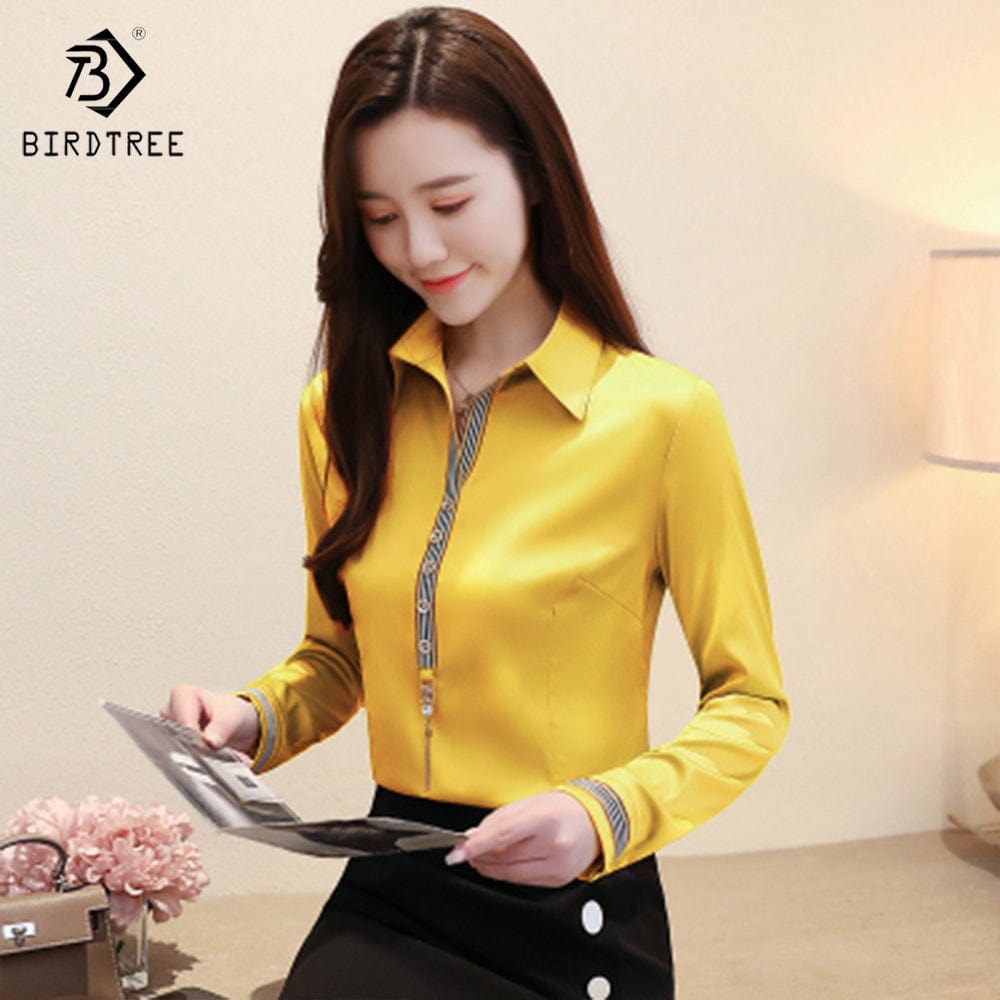 S / Yellow Woman Long Sleeve Shirts Elegant Solid Color Patchwork Workwear Office Slim Blouses Shirt Tops Autumn Dropshipping Support