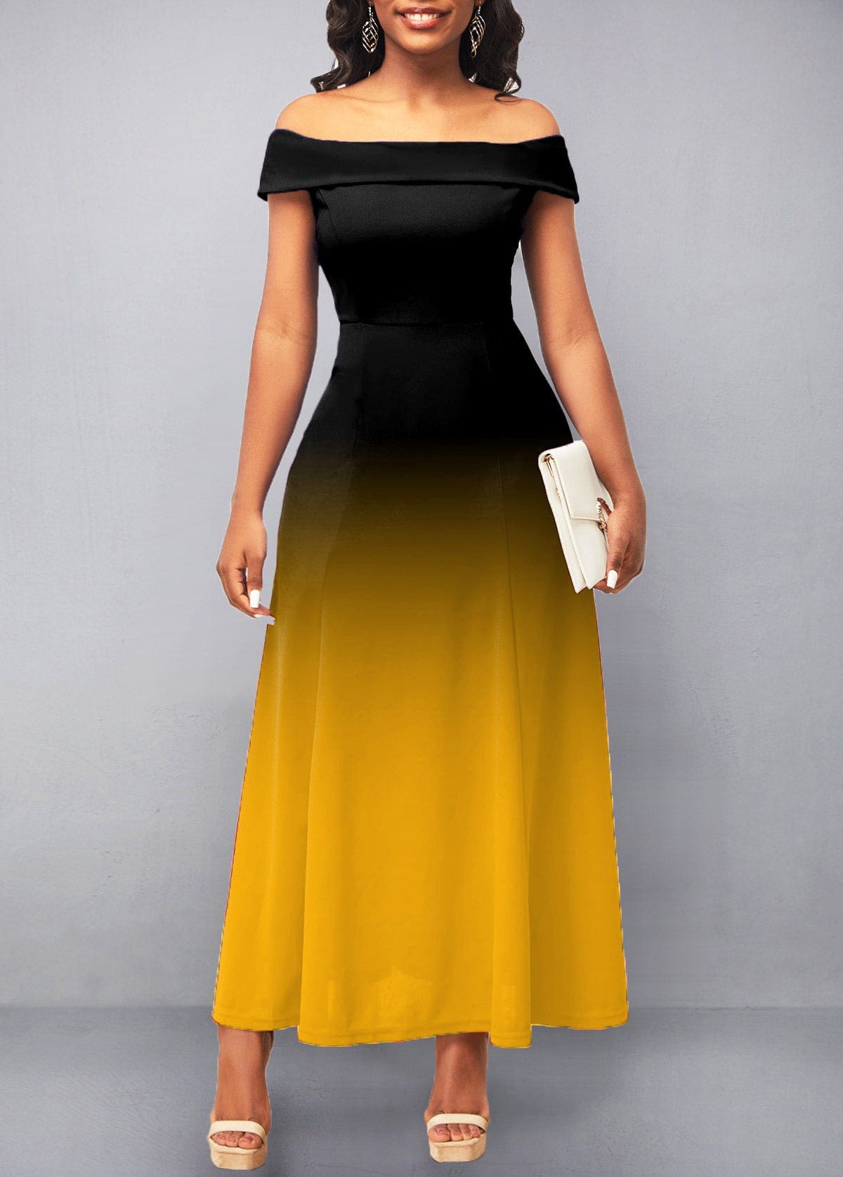 S / Yellow Womens Dresses 2022 Summer Fashion Gradient Color Off Shoulder Tube Top Pleated Maxi Dresses