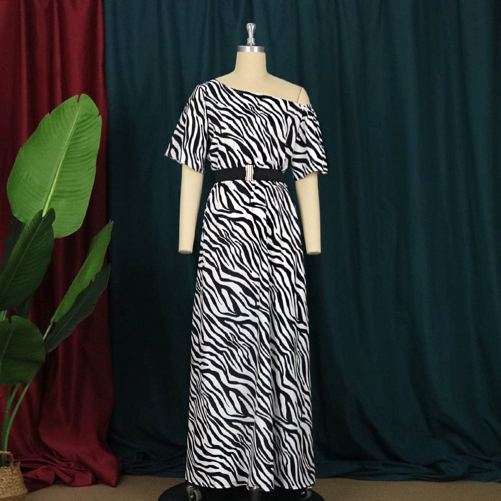 S / Zebra 2022 New Year One Shoulder Waist Belt Zebra Printed Women Evening Dress