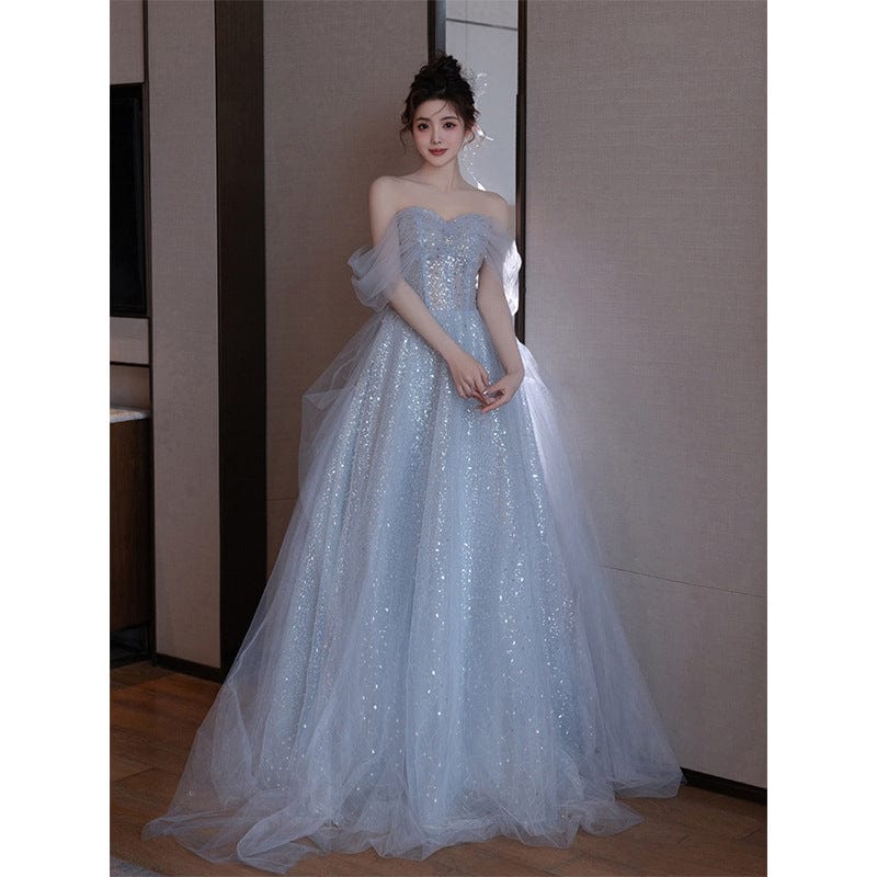 S0570H Haze blue bride dreamy fairy dress art examination banquet performance tube top evening dress