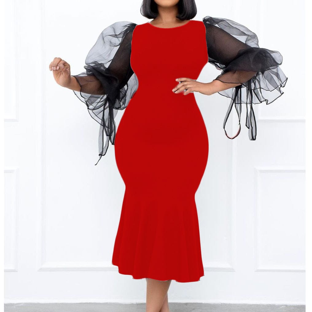 S327Q Mesh stitching fishtail fashion large size hip dress