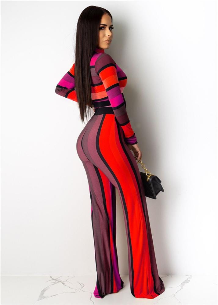 S3849 Fashion long sleeve t shirt wide leg pants color stripe printing two piece set for woman