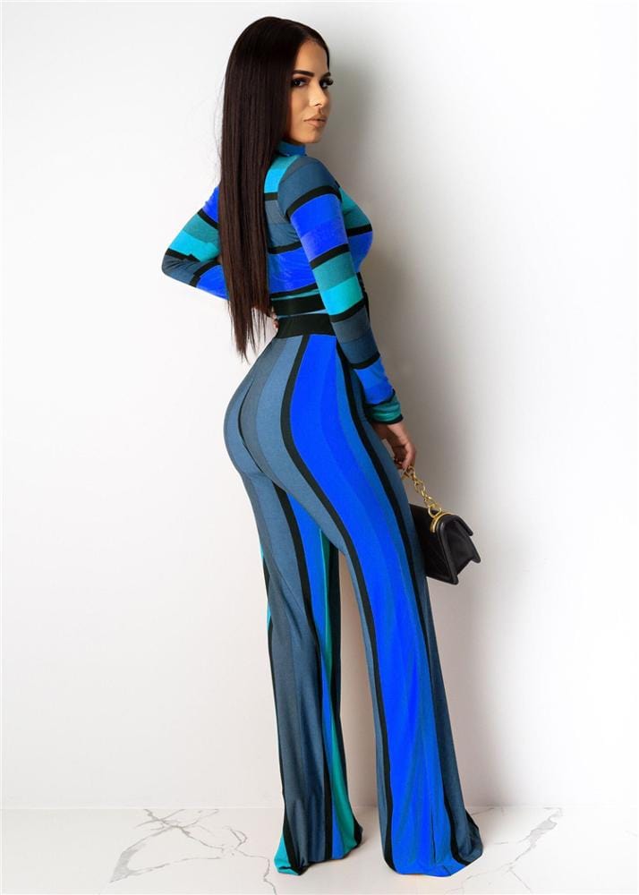 S3849 Fashion long sleeve t shirt wide leg pants color stripe printing two piece set for woman